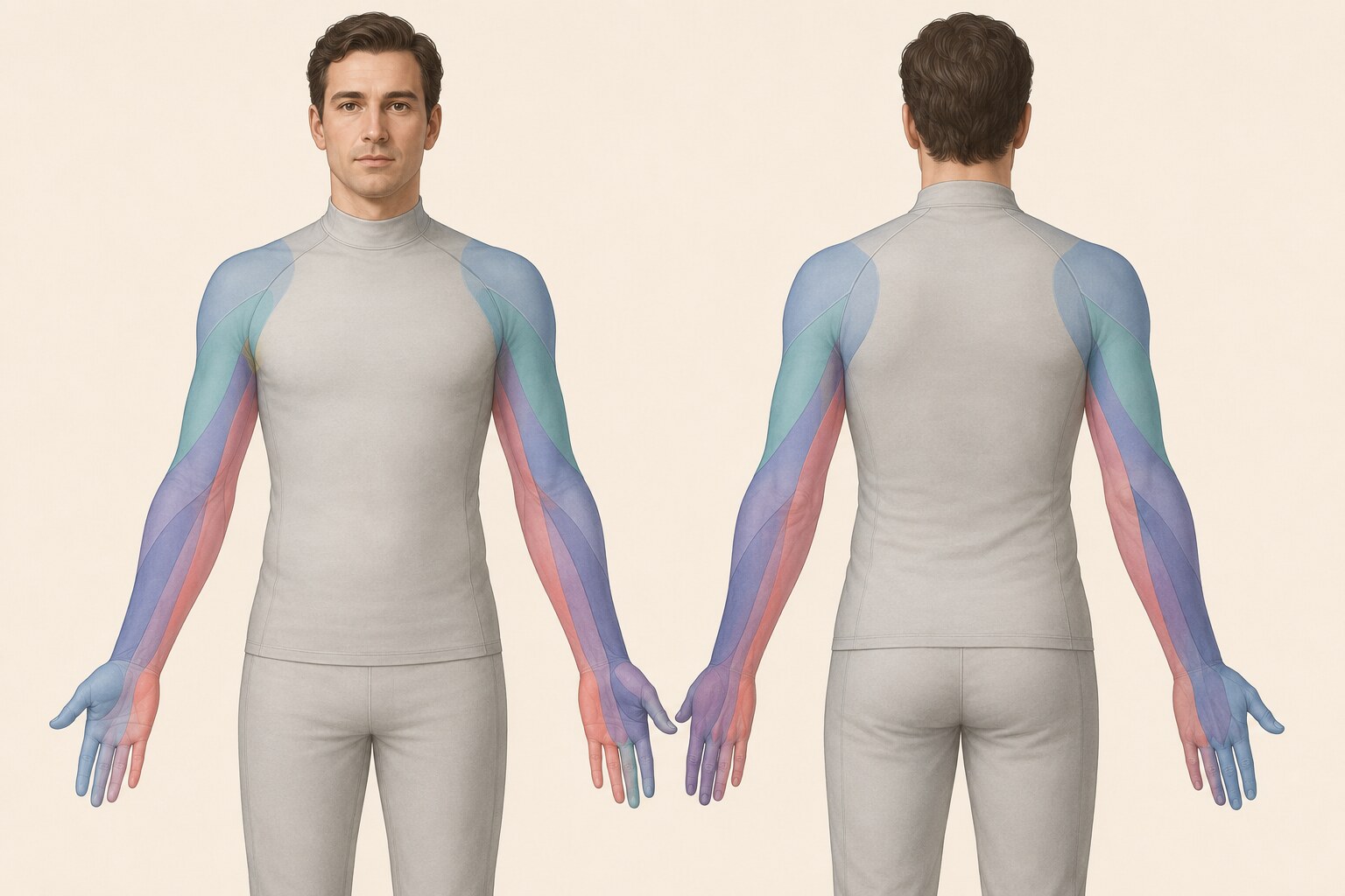 Anterior and posterior upper-body sensory map showing soft overlapping C5, C6, C7, C8, and T1 territories