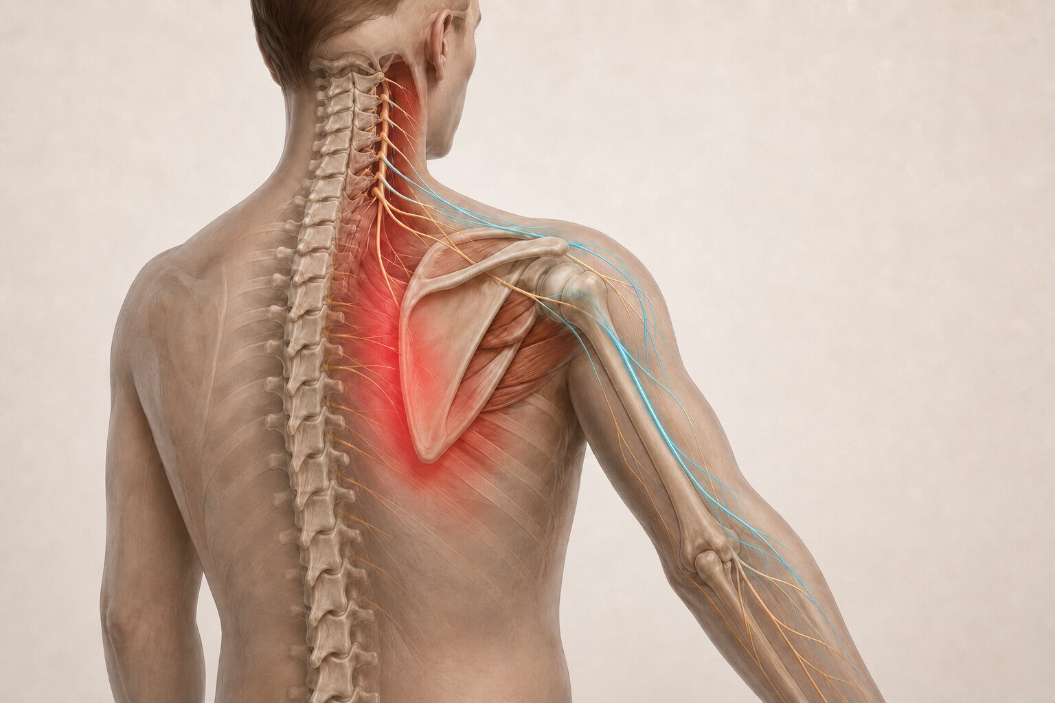 Clinical illustration connecting the cervical spine and nerve roots with the shoulder blade, shoulder, and arm