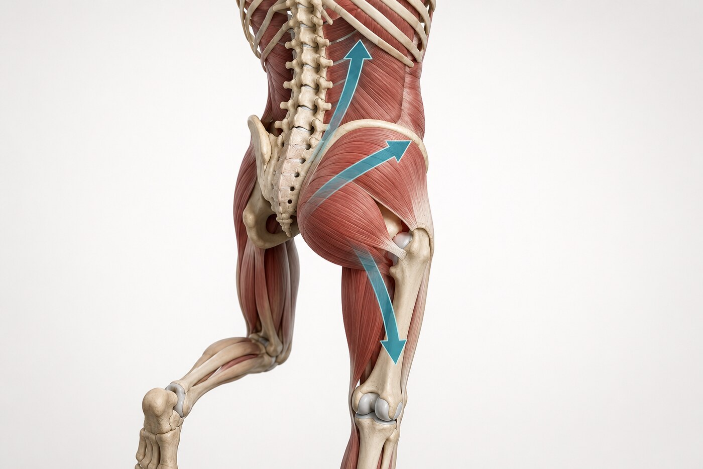 Posterior three-quarter anatomical model showing the trunk, pelvis, gluteal muscles, and stance leg coordinating during single-leg support