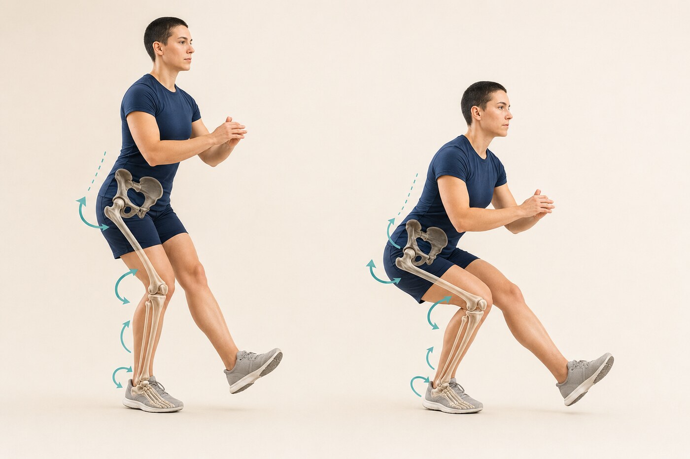 Two-view clinical movement illustration showing coordination among the foot, ankle, knee, hip, pelvis, and trunk during a single-leg task