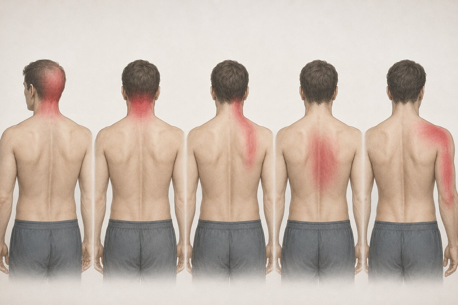 Five-panel clinical illustration of approximate referral regions associated with splenius capitis, cervical multifidi, levator scapulae, rhomboids, and supraspinatus
