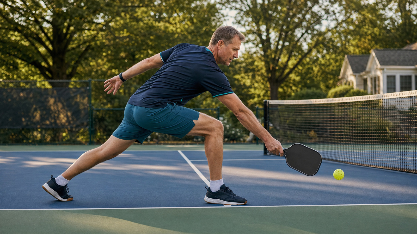 Active adult pickleball player controlling a forward kitchen lunge and braking through the lead leg