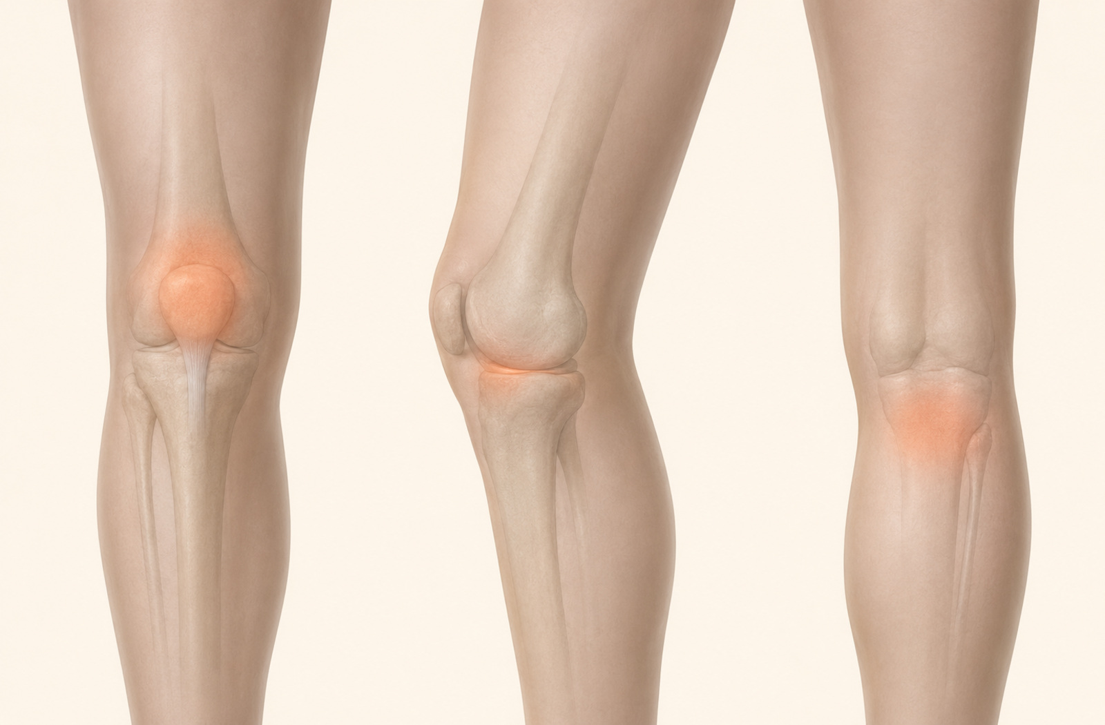 Clinical illustration of anterior, medial, and posterior knee regions used to organize a knee pain evaluation