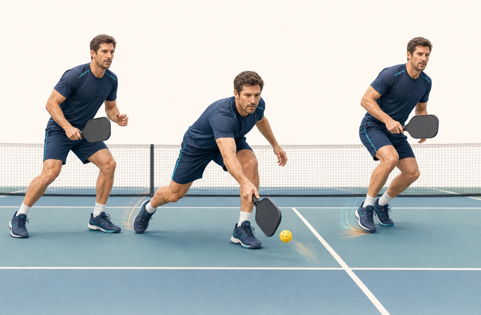 Three-stage pickleball movement sequence showing ready position, a forward kitchen lunge, and the braking and recovery step