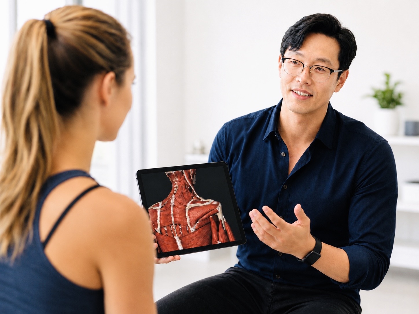 Brandon Lim using an anatomy image to explain a personalized treatment plan during a one-on-one appointment
