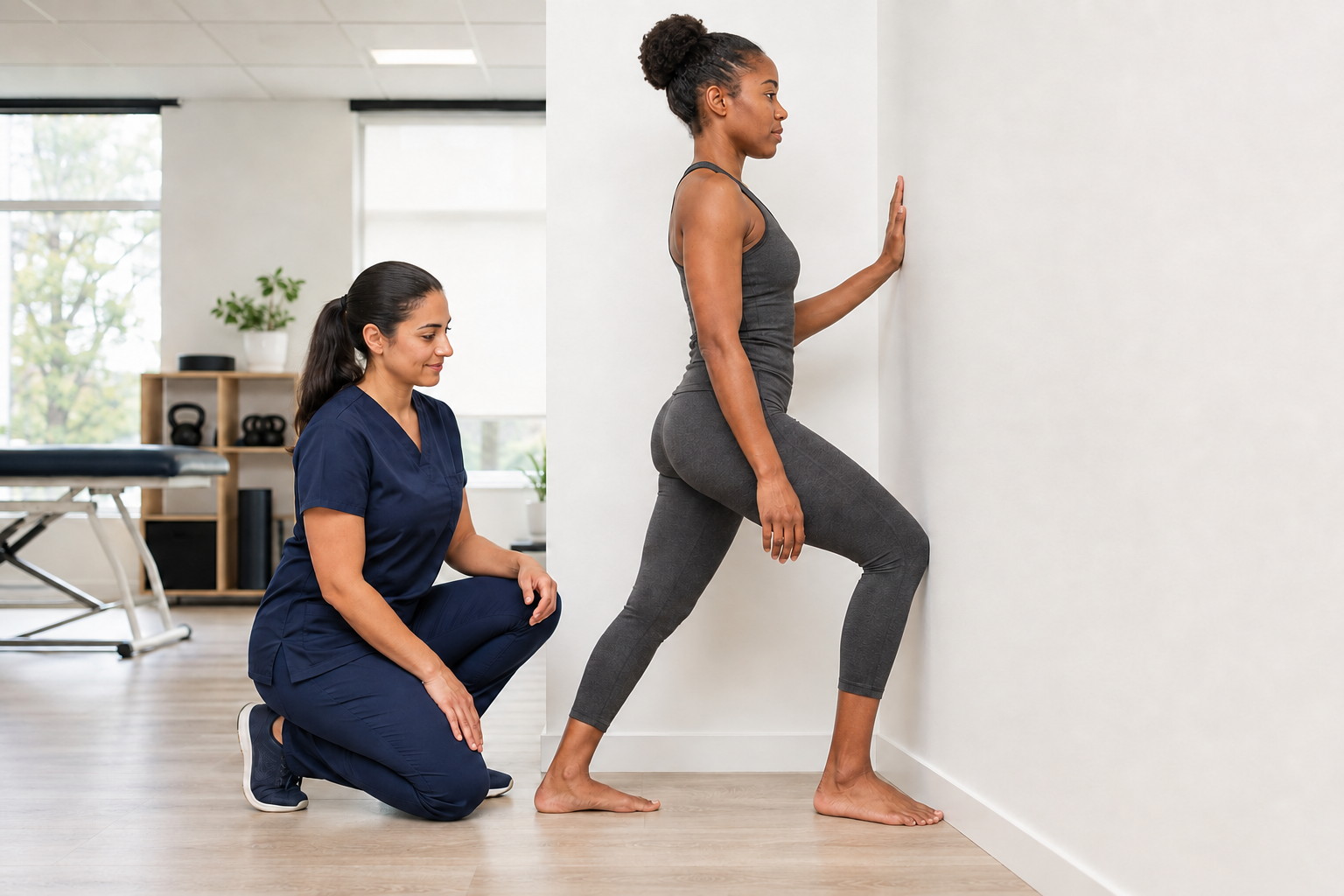 Middle Eastern female physical therapist in fitted navy scrubs observing a controlled knee-to-wall ankle mobility test