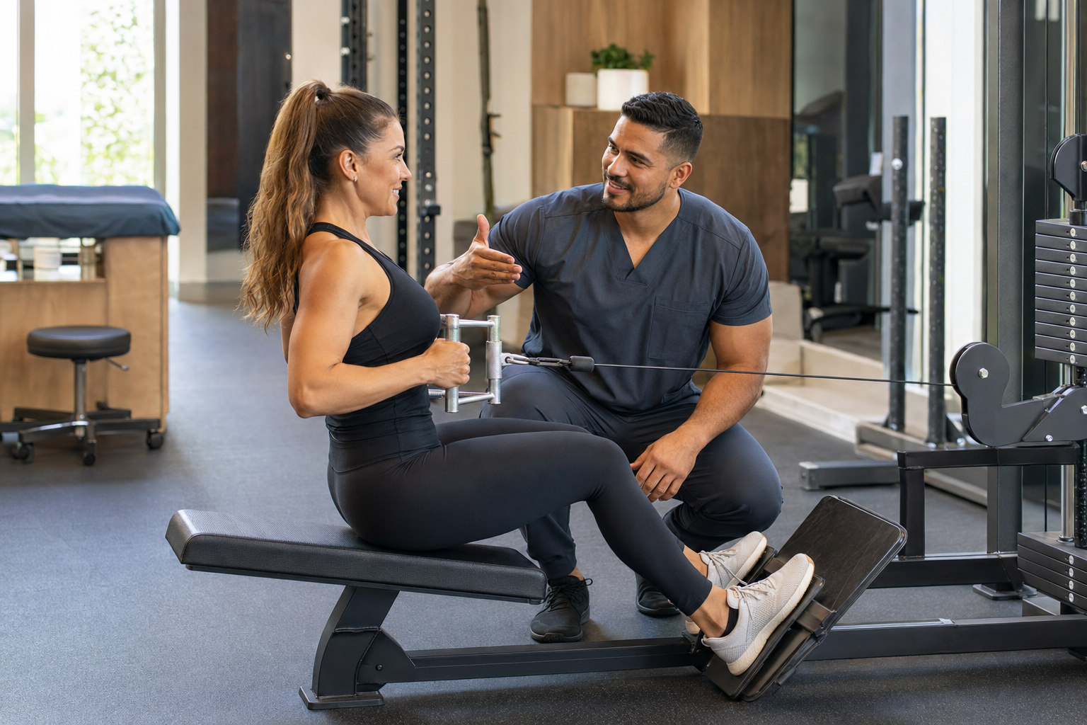 Latino male physical therapist in fitted charcoal scrubs coaching an athletic patient through a cable row after treatment