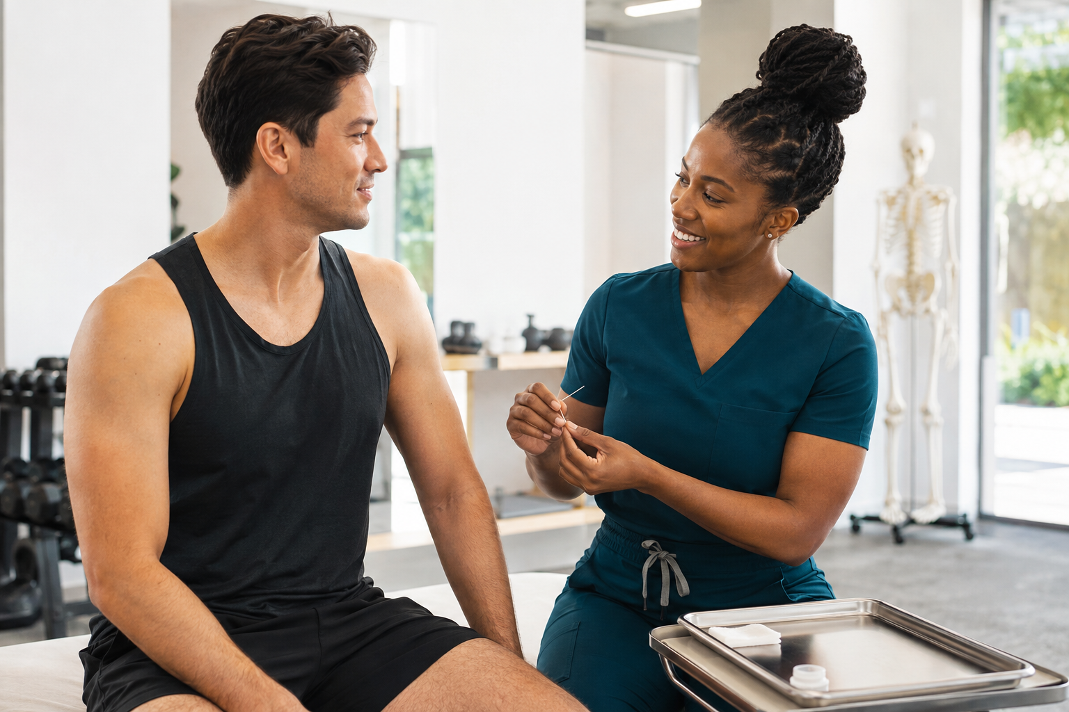 Black female physical therapist in fitted teal scrubs discussing a sterile dry-needling needle with an athletic patient in a bright clinic
