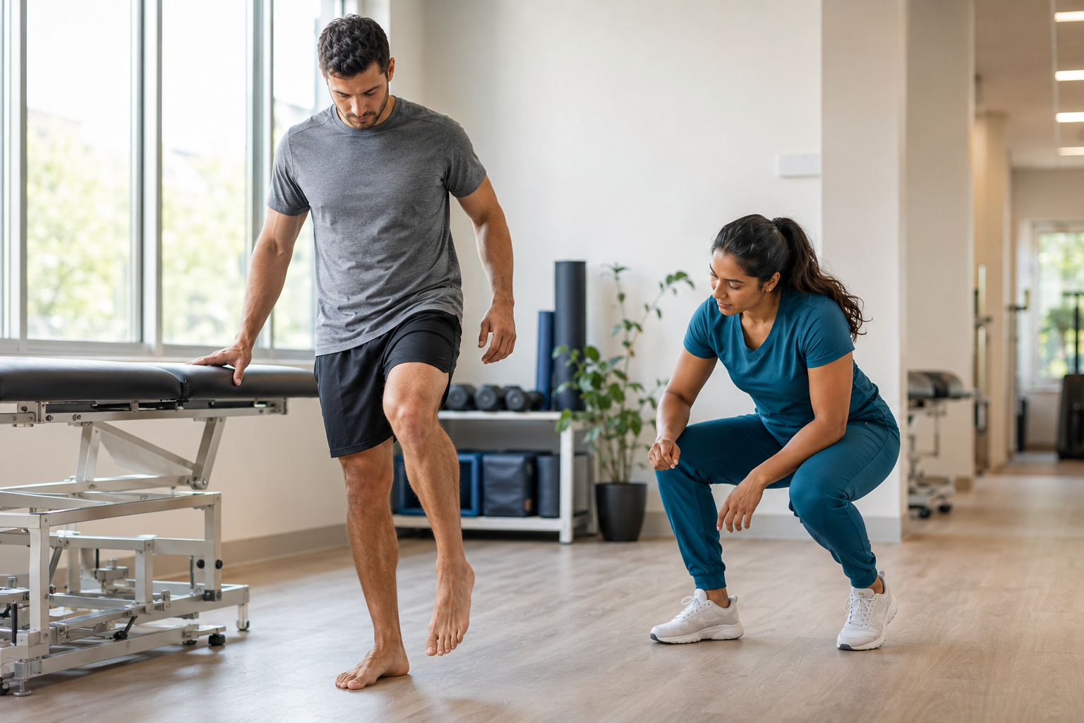 Physical therapist in fitted premium scrubs coaching controlled foot and ankle loading during a single-leg exercise