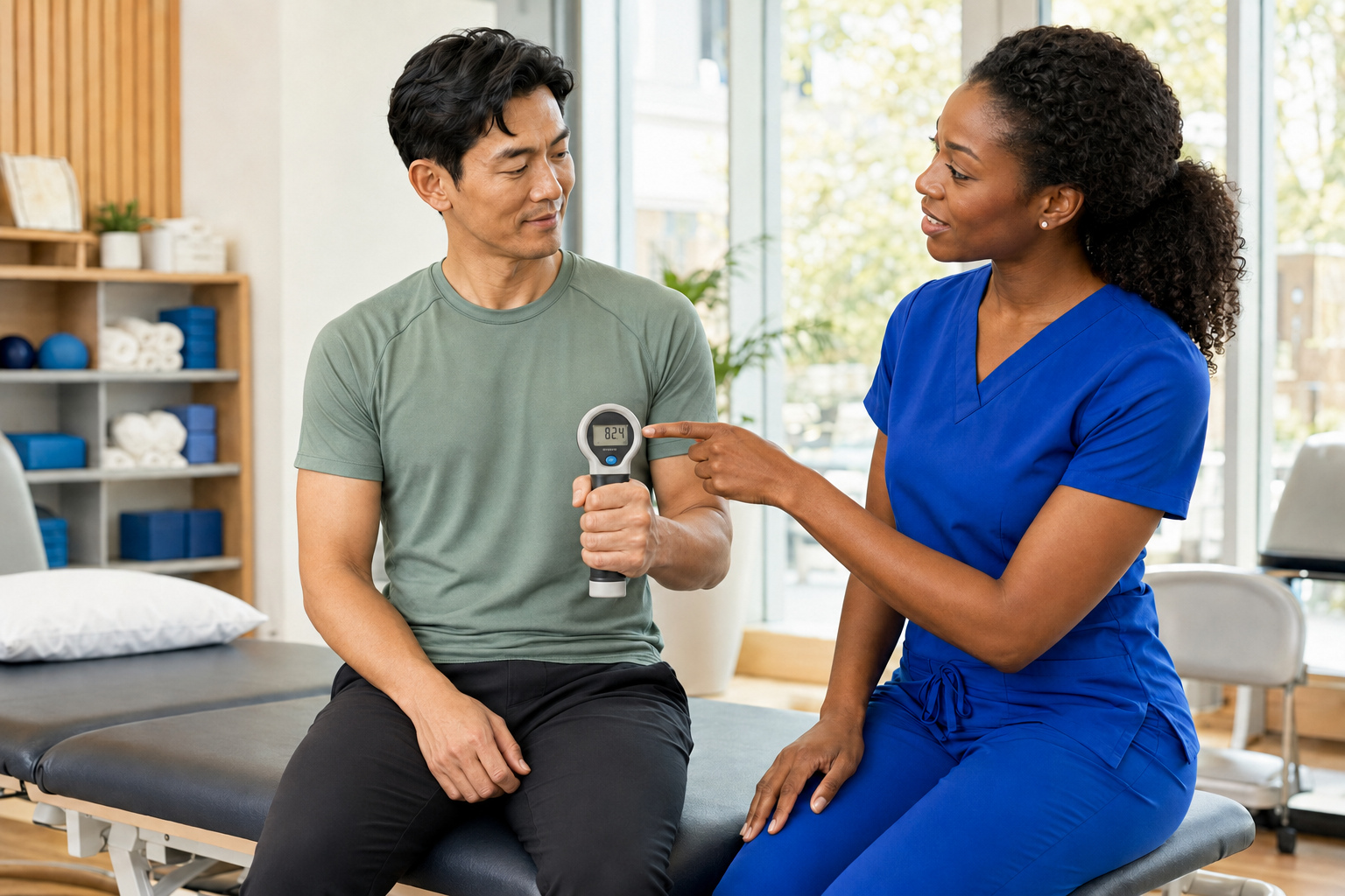 Golfer discussing a hand-dynamometer reading and wrist position with a physical therapist