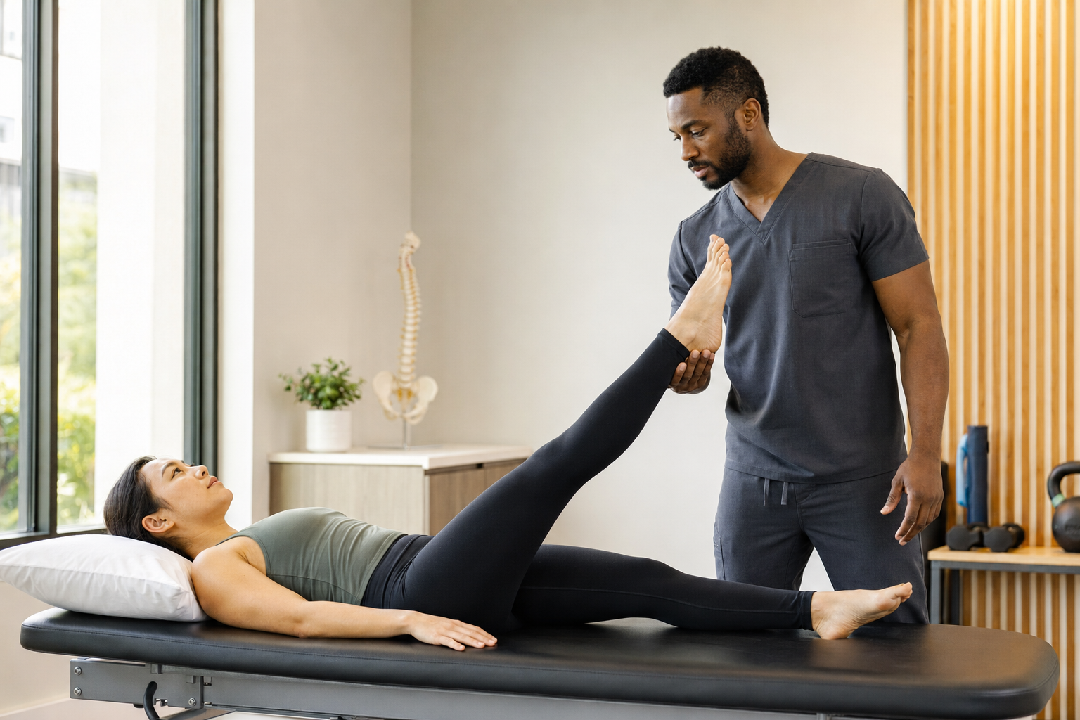 Black male physical therapist in fitted charcoal scrubs assessing an athletic woman's straight-leg raise in a bright clinic