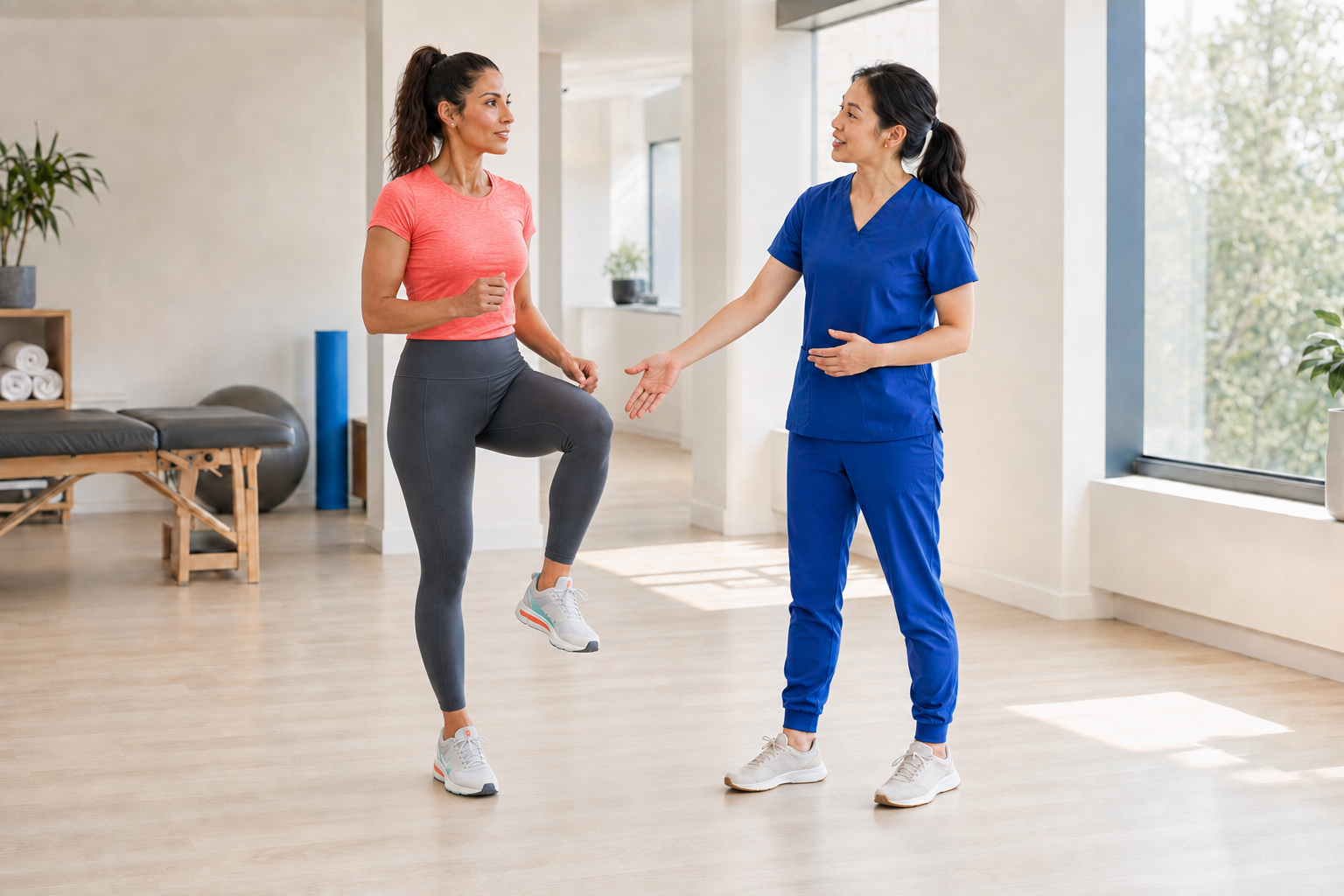 Runner holding a single-leg march while discussing foot, knee, and hip control with a physical therapist