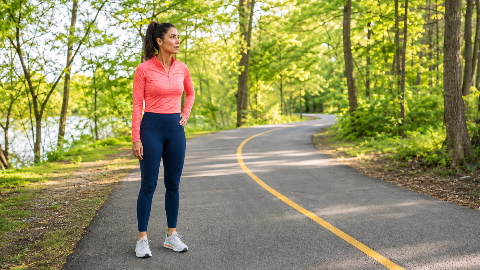 Runner checking mild lateral hip discomfort after a run on a wooded trail