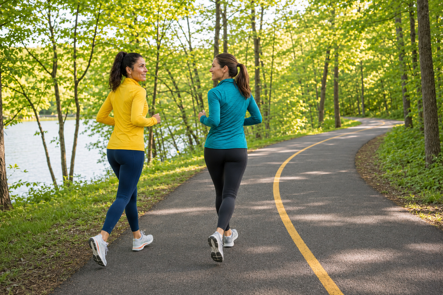 Runner returning confidently along a trail with her running partner
