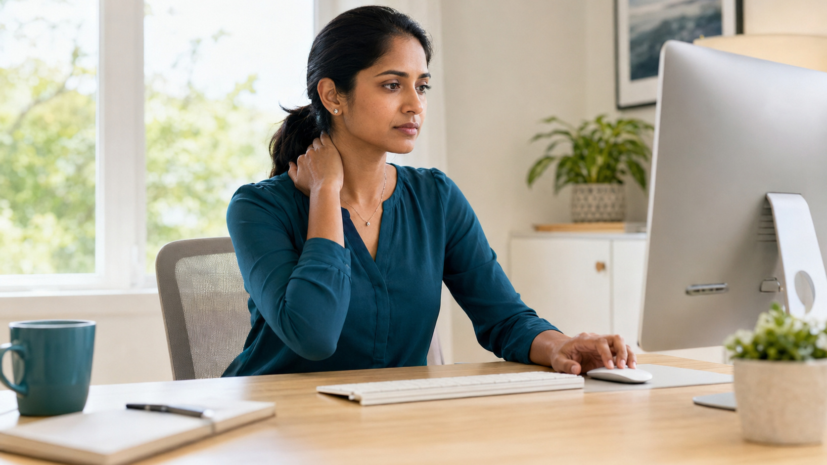 Woman noticing neck and upper-shoulder discomfort while working at a computer
