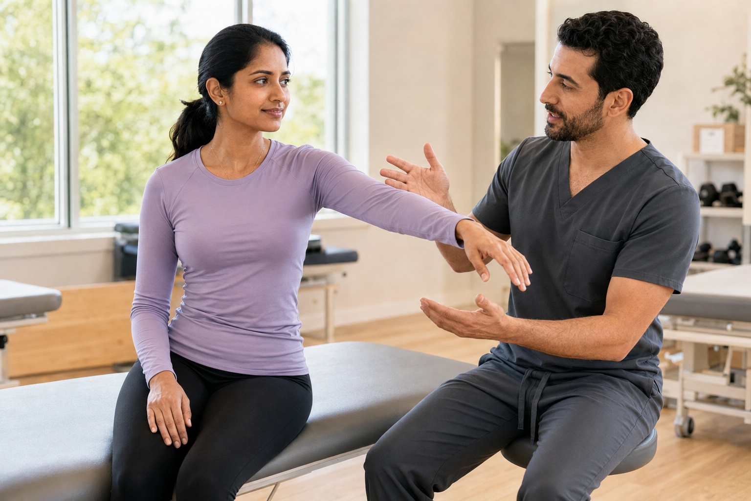 Woman discussing neck and arm movement during a physical therapy evaluation