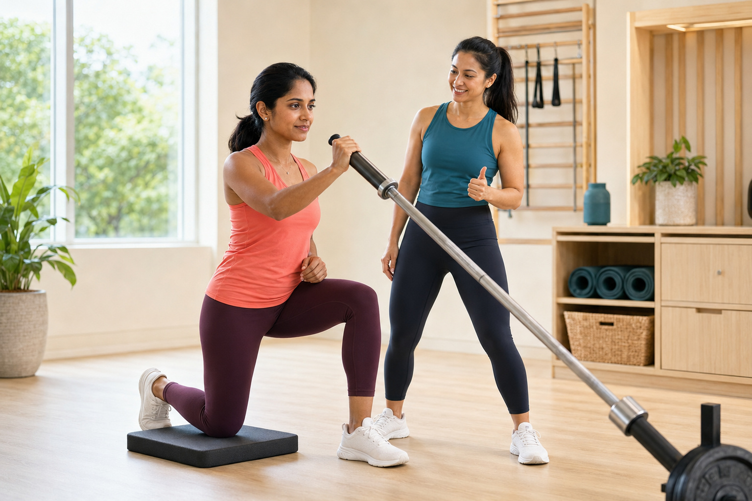 Woman performing a half-kneeling landmine press with encouragement from a workout partner