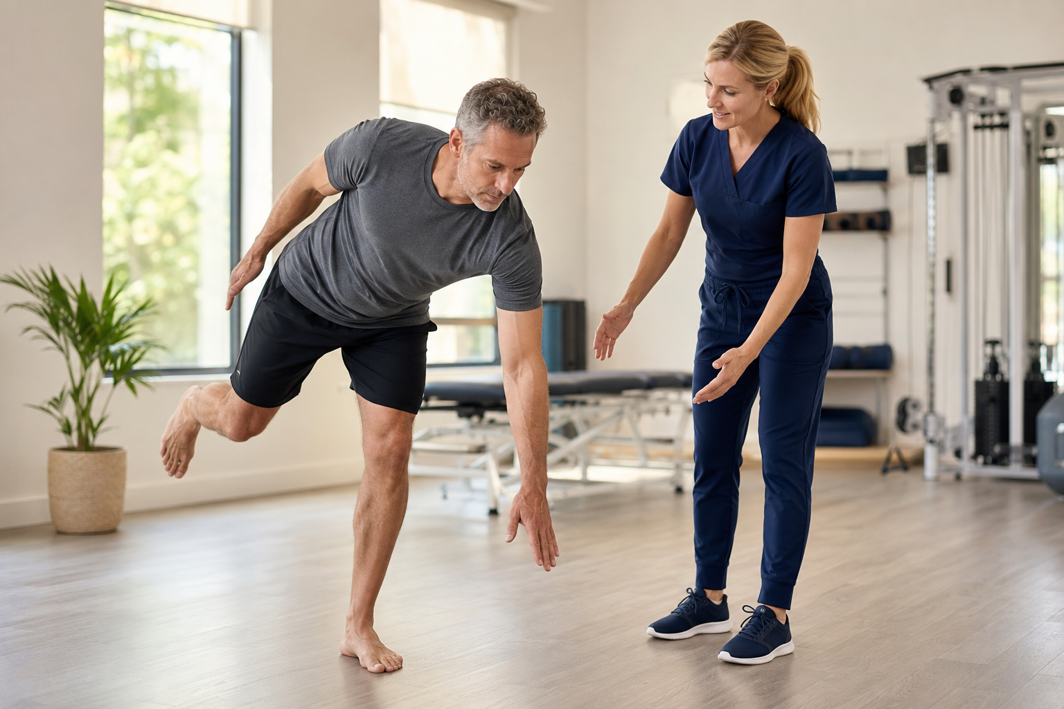 Female physical therapist in fitted navy scrubs coaching a controlled single-leg balance reach after an old injury