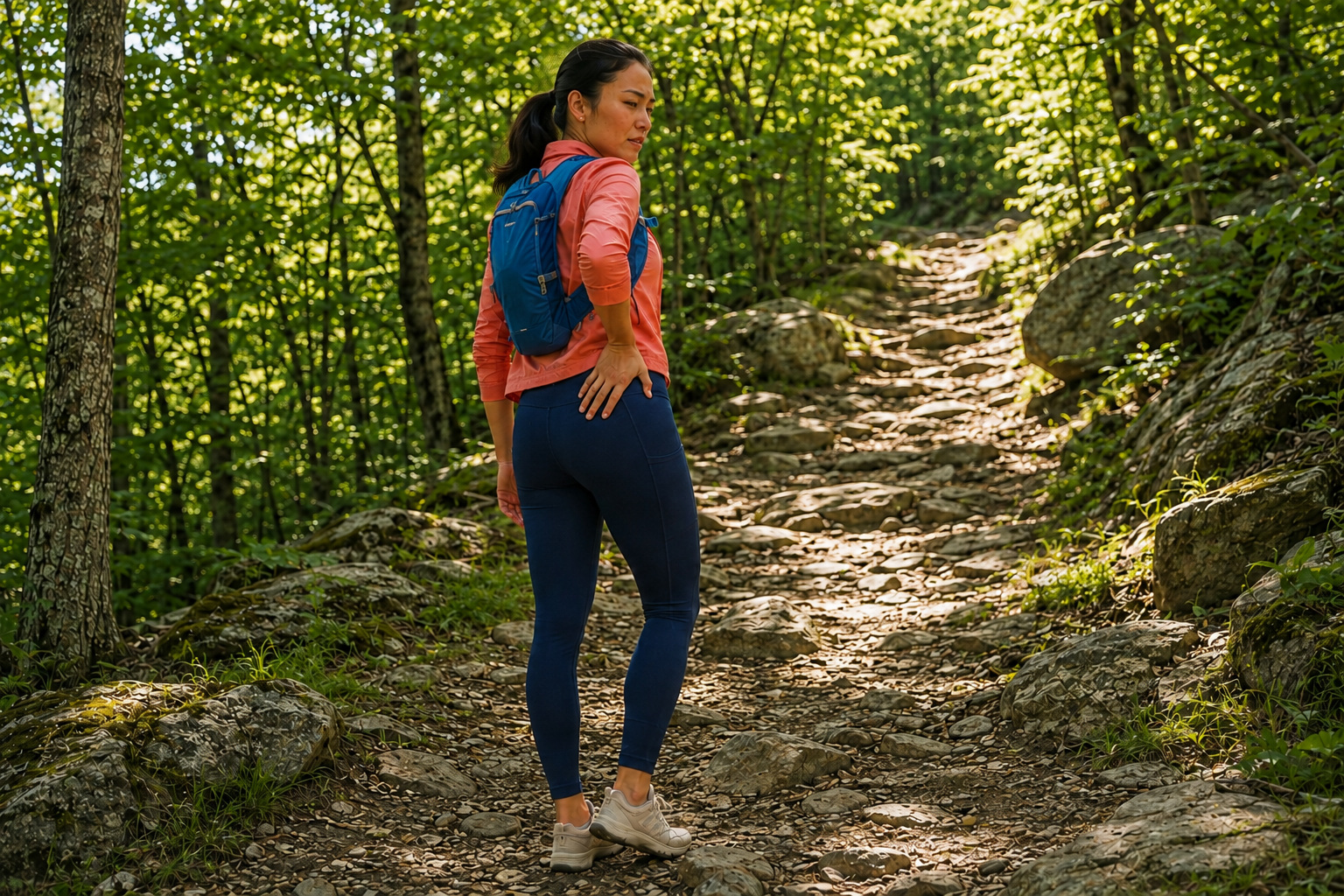 Hiker pausing on a wooded trail with mild right hip and leg discomfort
