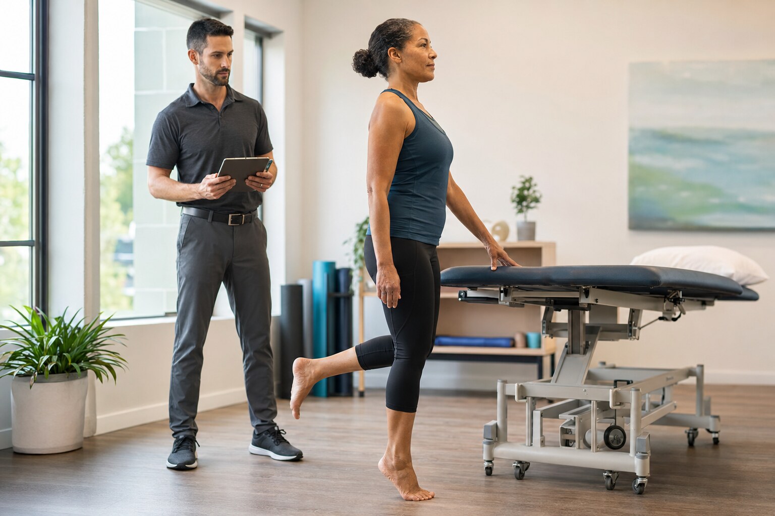 Physical therapist observing an adult performing a controlled single-leg calf raise during a functional neurologic and movement assessment