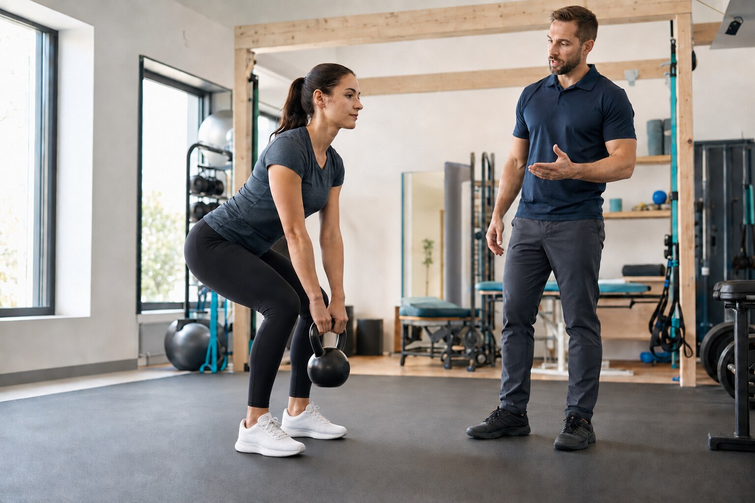 Active adult performing a controlled kettlebell hip hinge from the floor while a physical therapist coaches nearby