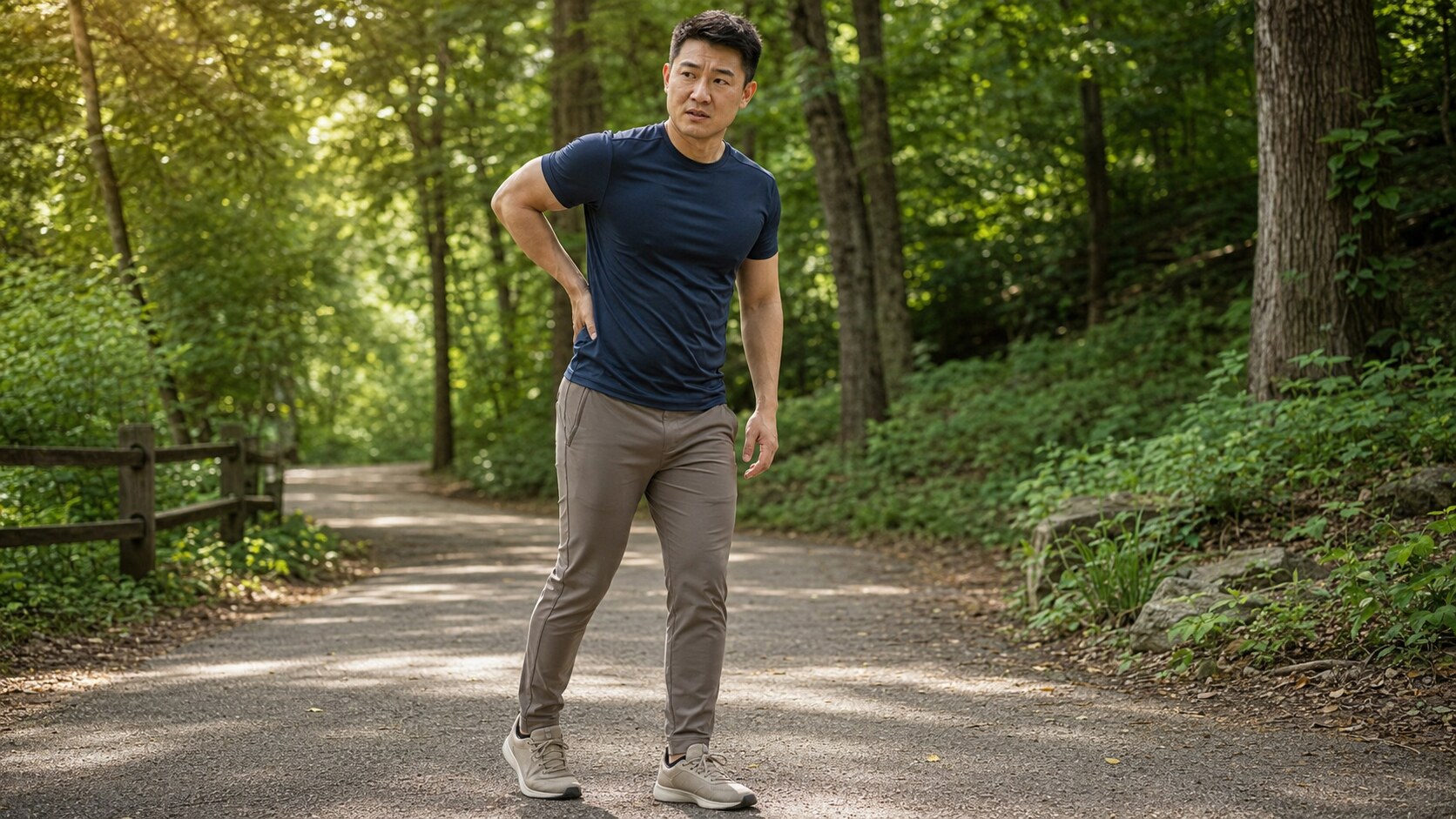Active East Asian man pausing on a wooded walking path with one hand resting on his lower back