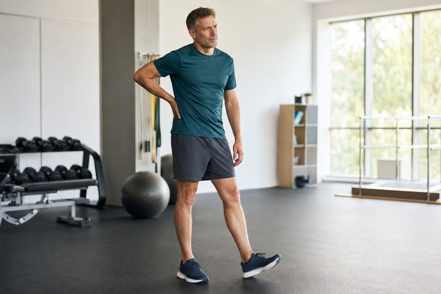 Active adult standing in a rehabilitation gym with one hand resting on the lower back and both legs visible