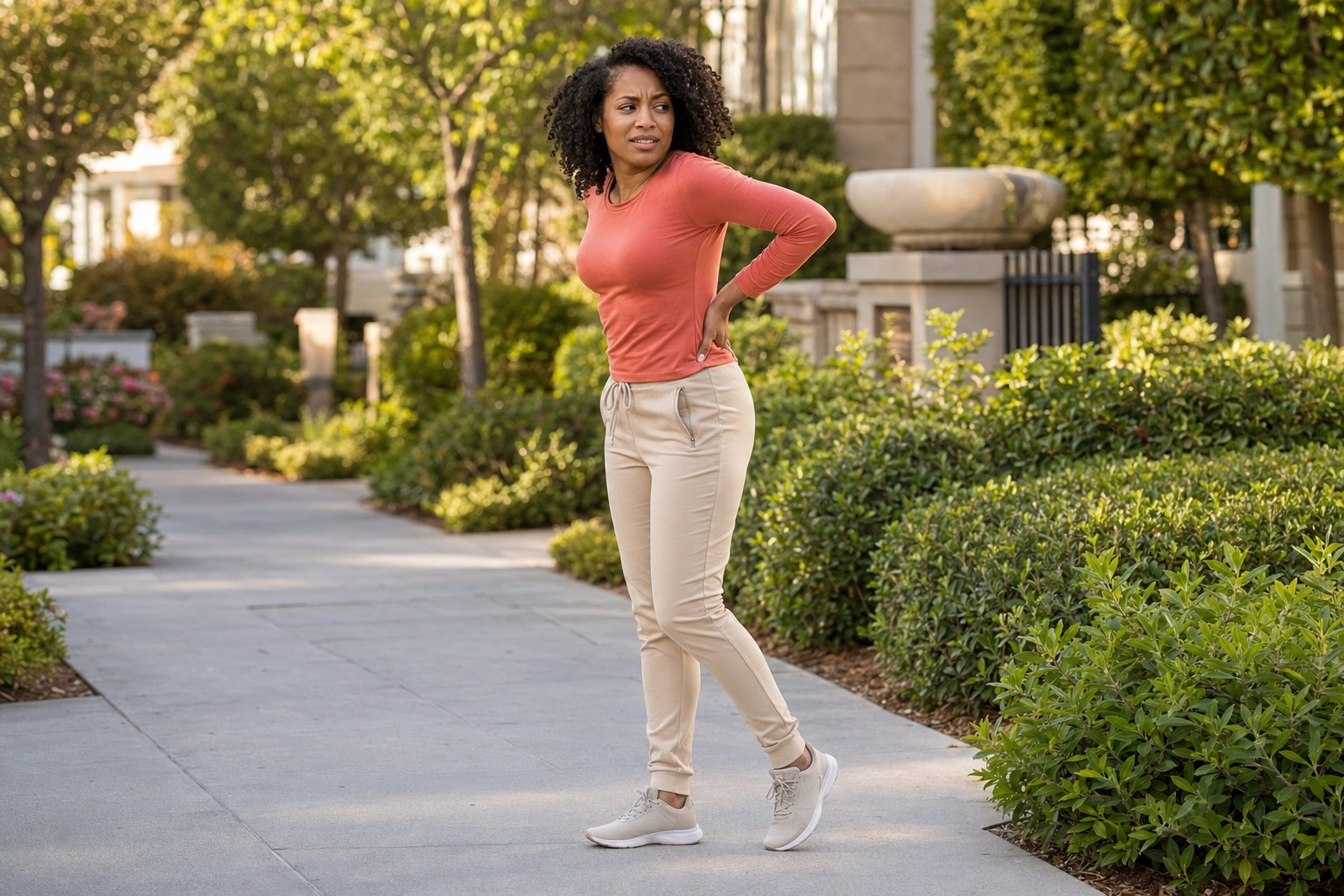 Active woman pausing on a neighborhood walk with one hand at her low back and a concerned expression while shifting weight away from one leg