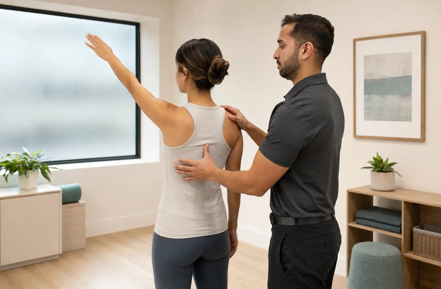 Physical therapist observing an adult patient raising one arm during a shoulder movement assessment