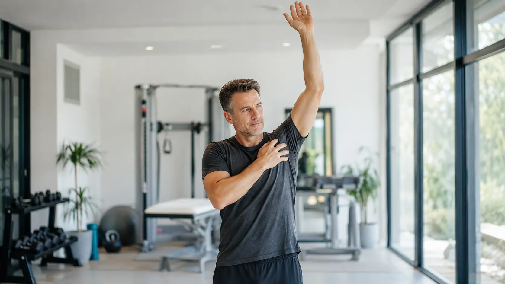 Active adult raising one arm and noticing pain at the front and outside of the shoulder