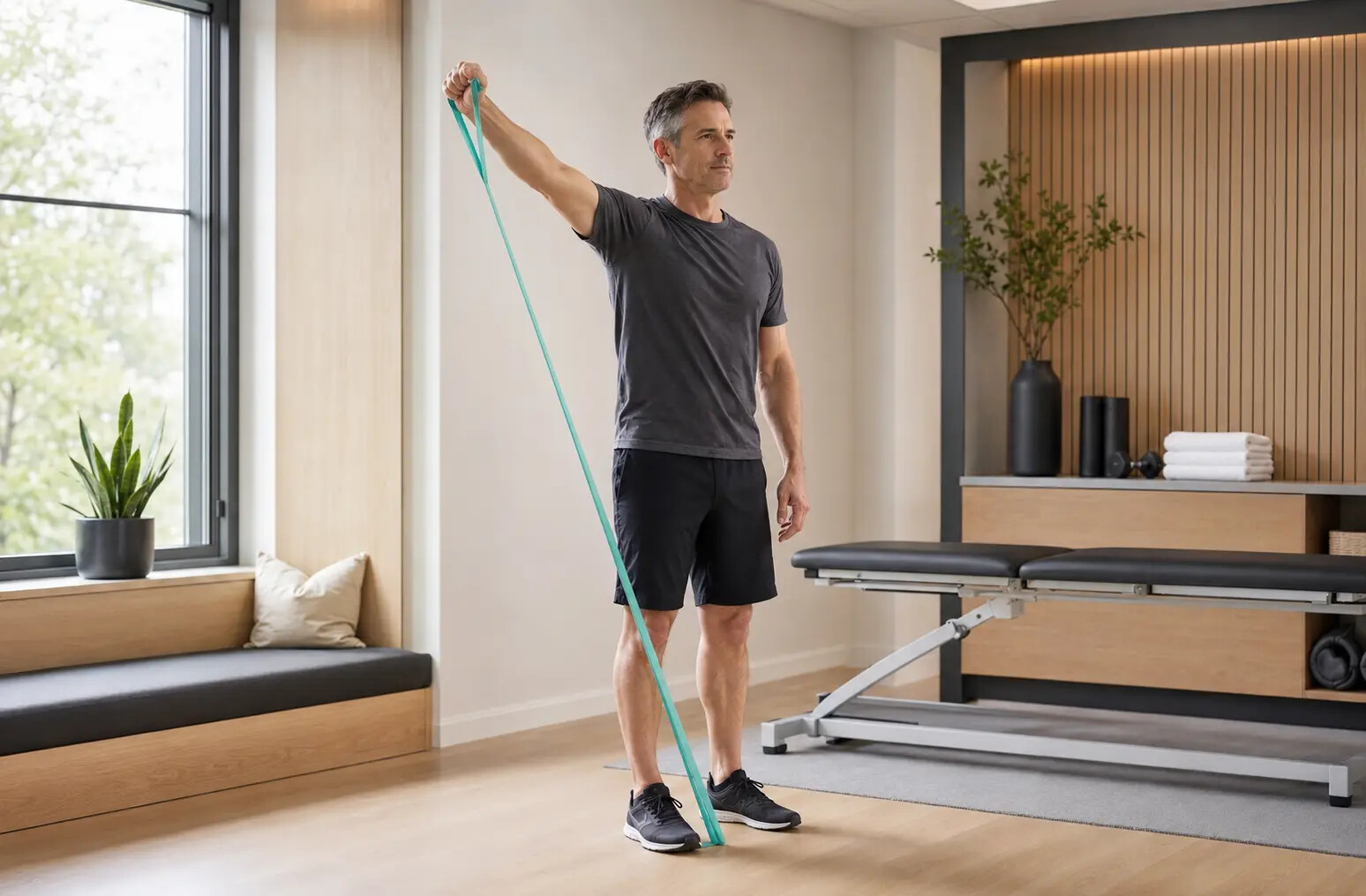 Active adult performing a controlled standing resistance-band shoulder rehabilitation exercise