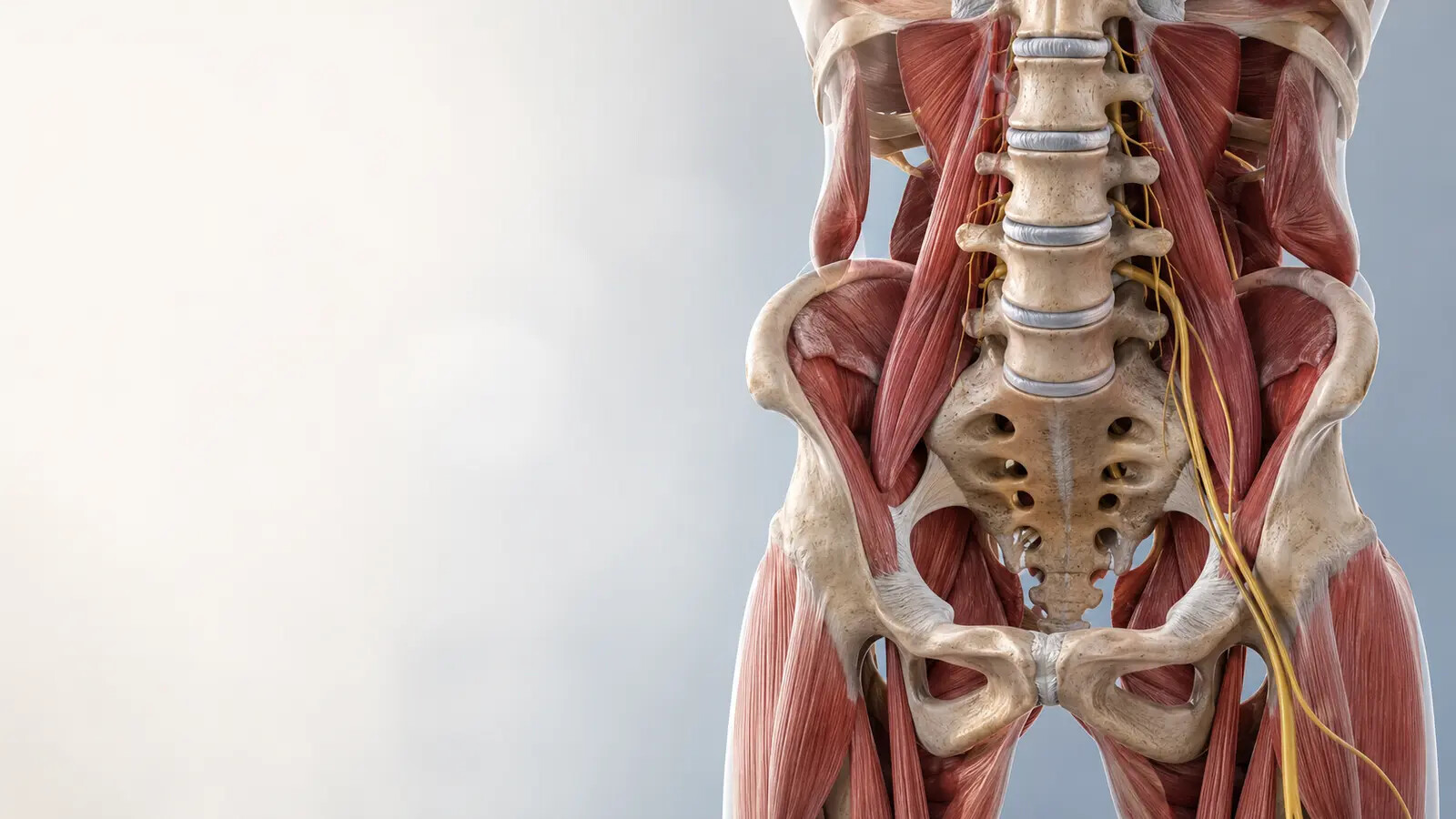 General anatomical illustration of the lumbar spine, pelvis, hip muscles, and large nerves