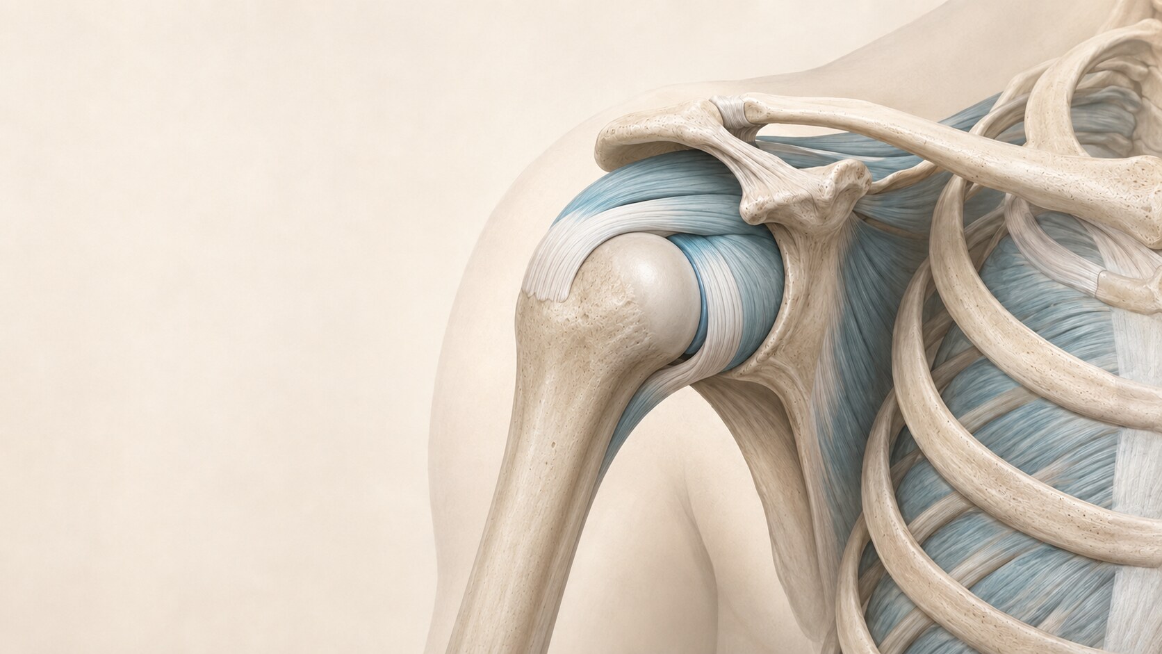 Anatomical illustration of the shoulder blade, upper arm bone, rotator cuff, and nearby shoulder tissues