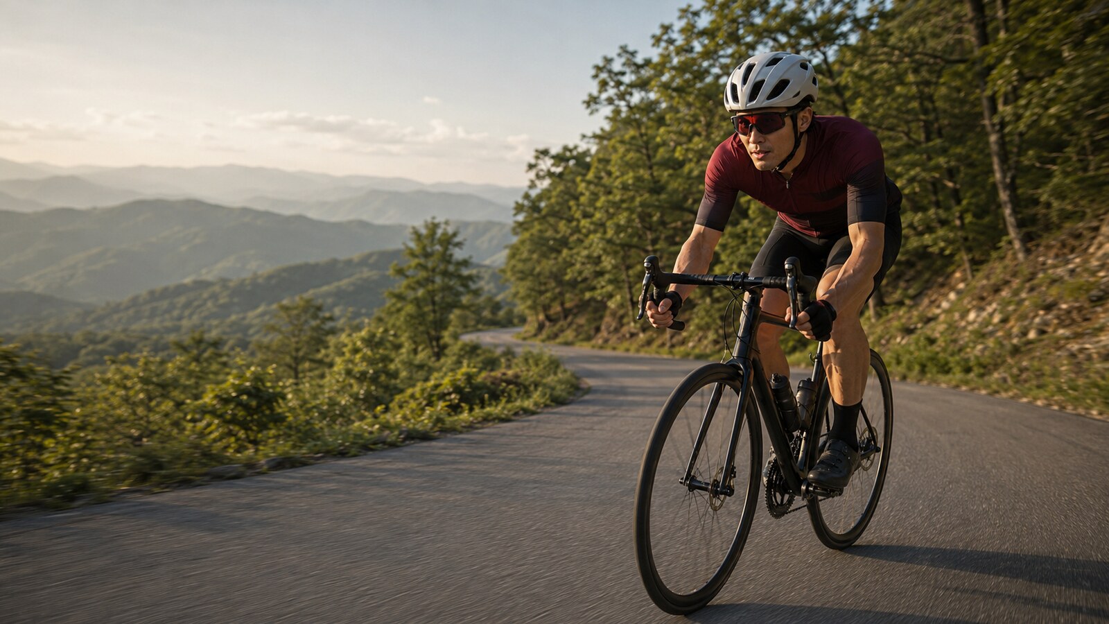 A trained East Asian road cyclist riding confidently through a mountain curve